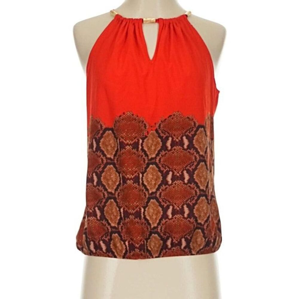 Cache Vintage Red Snakeskin Print Halter Top gold-tone chain accents size Xsmall
